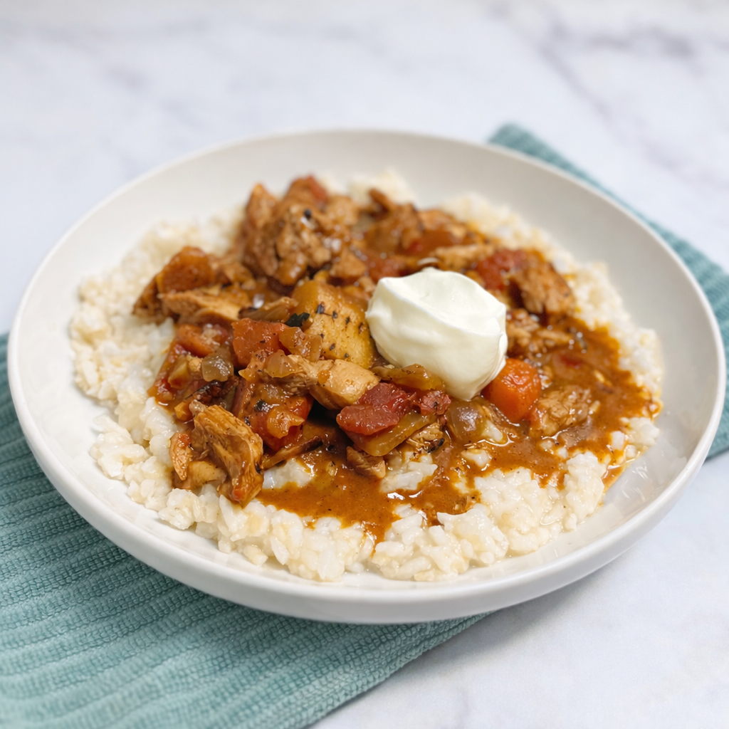 Creamy fire-roasted garam masala chicken served over basmati and cauliflower rice with a dollop of yogurt